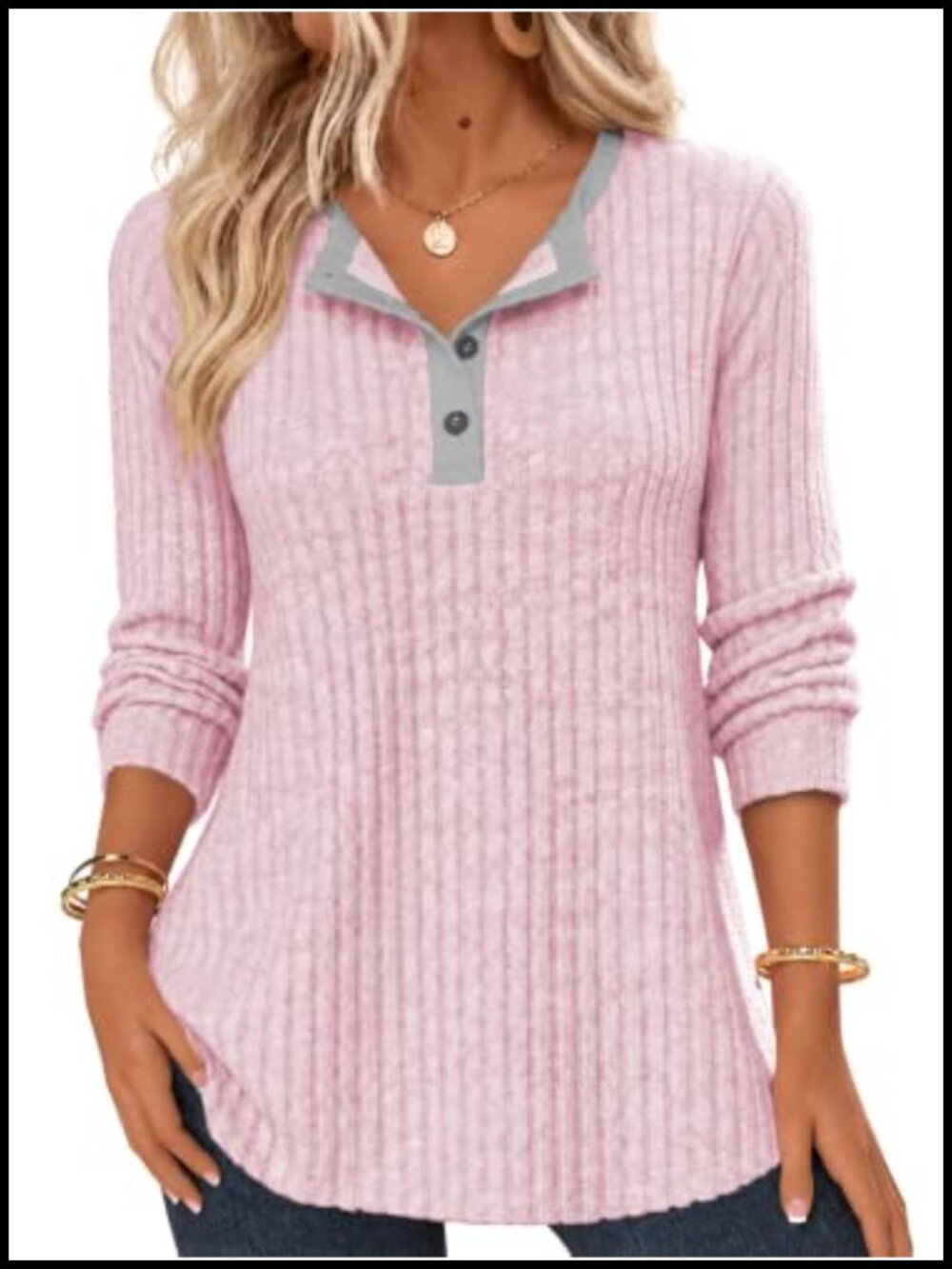 Ribbed Knit Henley Long Sleeve Pullover Sweater Contrast Neckline